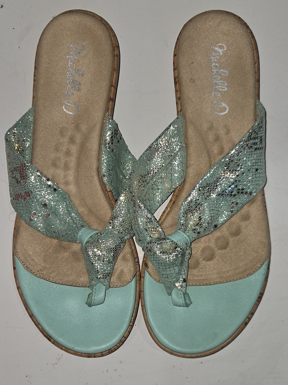 Michelle D Mint Green Snake-Print Knot Toe Sandals